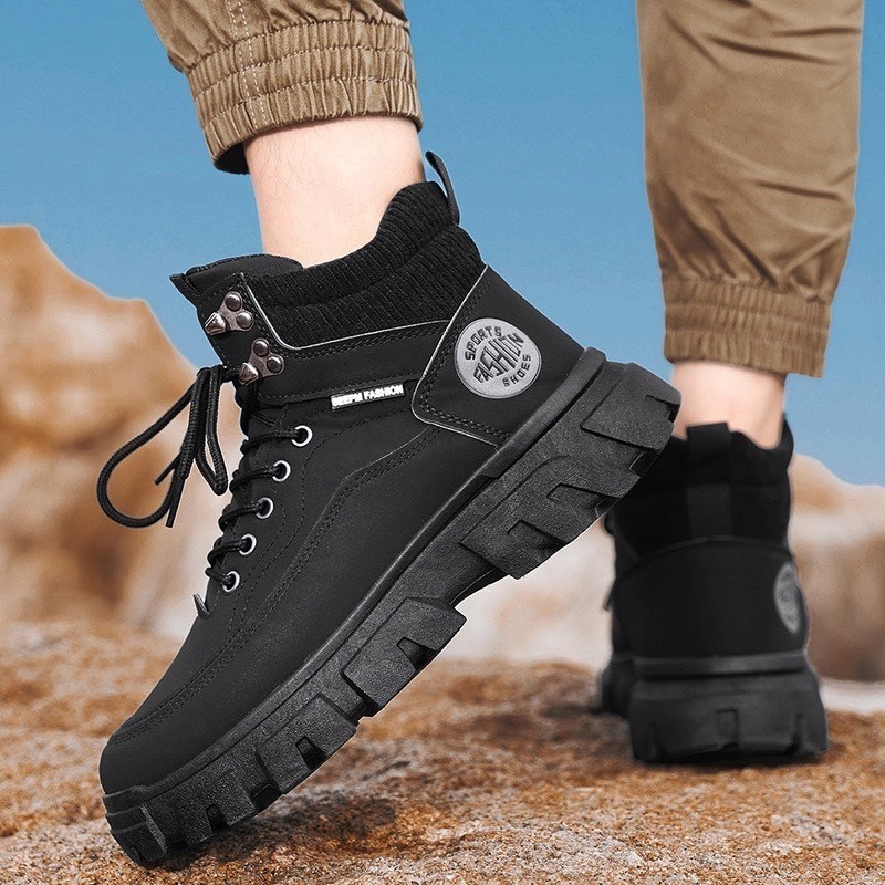 T-T NEW รองเท้าบูทหุ้มข้อ หนัง PU รองเท้าแบบผูกเชือก พื้นหนา ใส่ขึ้นเขา Size40-44MVS080-238
