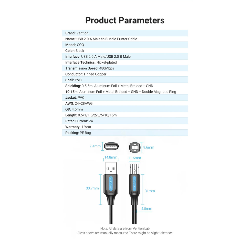 Vention สายเครื่องพิมพ์ USB 3.0 2.0 Type A Male to B Male Cable for Canon Epson HP ZJiang Label Printer DAC USB Printer