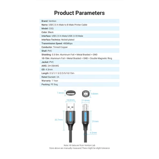 Vention สายเครื่องพิมพ์ USB 3.0 2.0 Type A Male to B Male Cable for Canon Epson HP ZJiang Label Printer DAC USB Printer