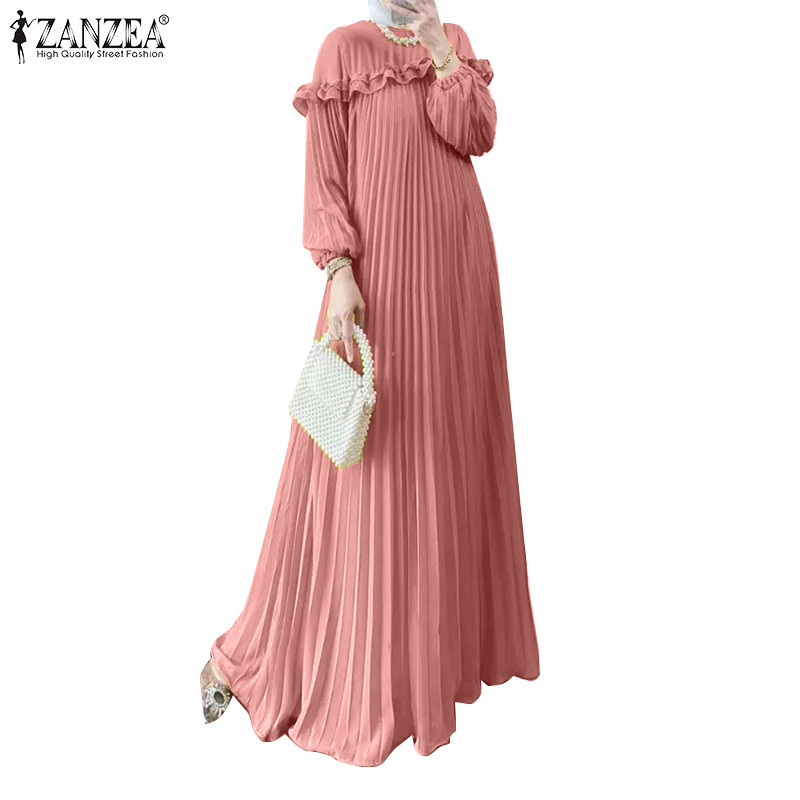 ZANZEA ใส่ ซานเซีย ผู้หญิงมุสลิมรอบคอจีบแขนโคมไฟยืดหยุ่นข้อมือหลวมชุดชิ้นเดียว