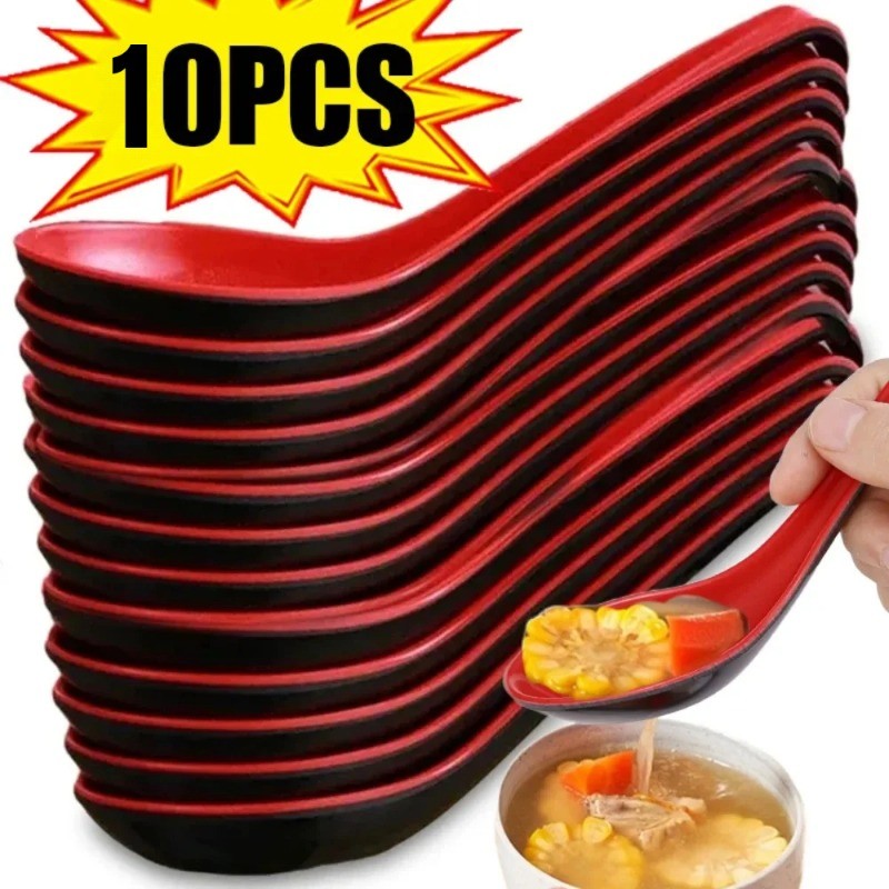 3/5/10ชิ้นสีแดงสีดําด้ามยาวโจ๊กข้าวเกี๊ยวช้อนครัวช้อนชาจัดเลี้ยงช้อนซุป