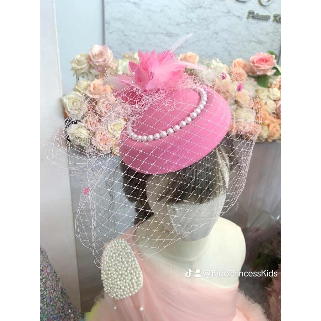 กิ๊บหมวกเด็ก(หน้าร้านอยู่รัชดา)KF596 กิ๊บหมวกเด็กสีชมพูตาข่ายติดไข่มุขประดับดอกไ