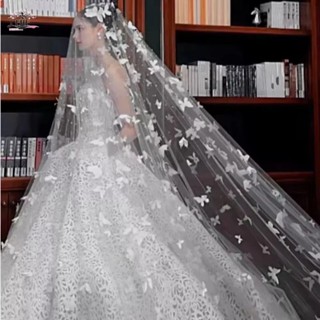 เจรีมี1 ผ้าคลุมแต่งงานผีเสื้อสีขาว,หมวกแต่งงานเจ้าสาวเส้นด้า…