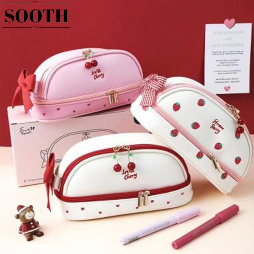 Sooth กระเป๋าดินสอน่ารัก, Smile Cherry Bear Pencil, เครื่องเขียนการ์ตูน PU Leather Strawberry Double Layer Pen Pouch School