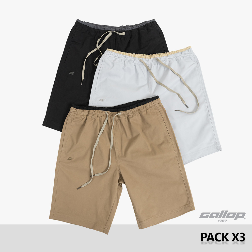 GALLOP : CASUAL SHORTS (1 แพค บรรจุ 3 ชิ้น) กางเกงขาสั้นเอวยางยืด รุ่นต่อขอบ GS9024S Set classic Basic / ราคาปกติ 3870.-