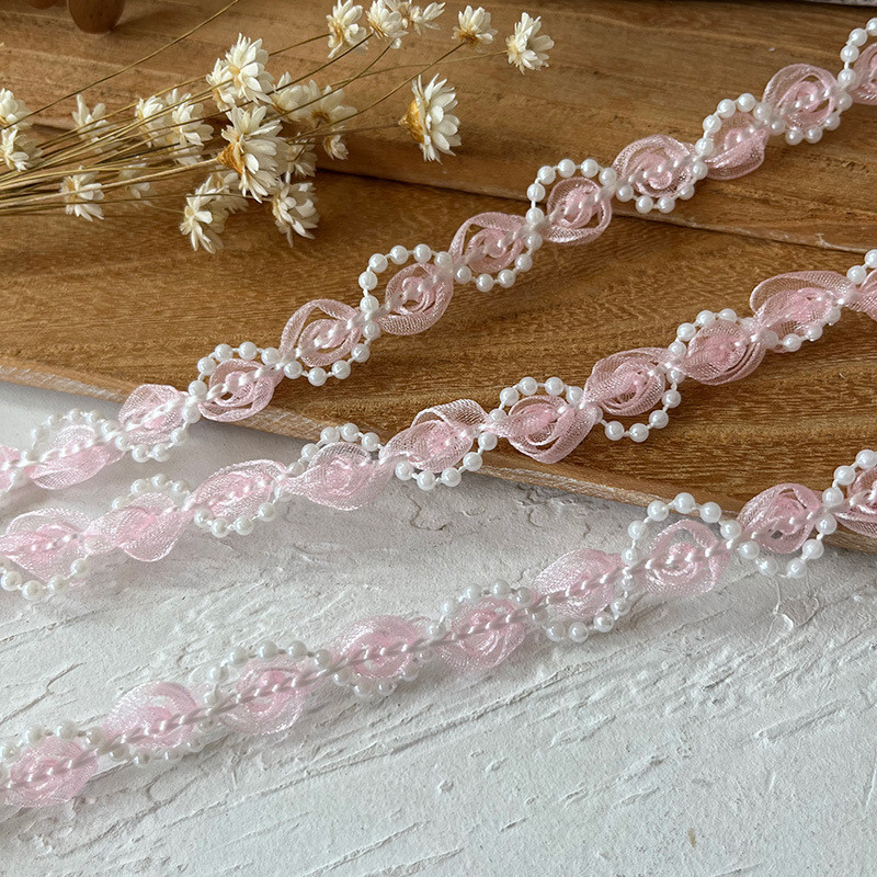 1m ริบบิ้นลูกไม้สีชมพู Handmade DIY วัสดุเสื้อผ้าตุ๊กตา Lolita เสื้อผ้ากระเป๋าอุปกรณ์ตกแต่ง