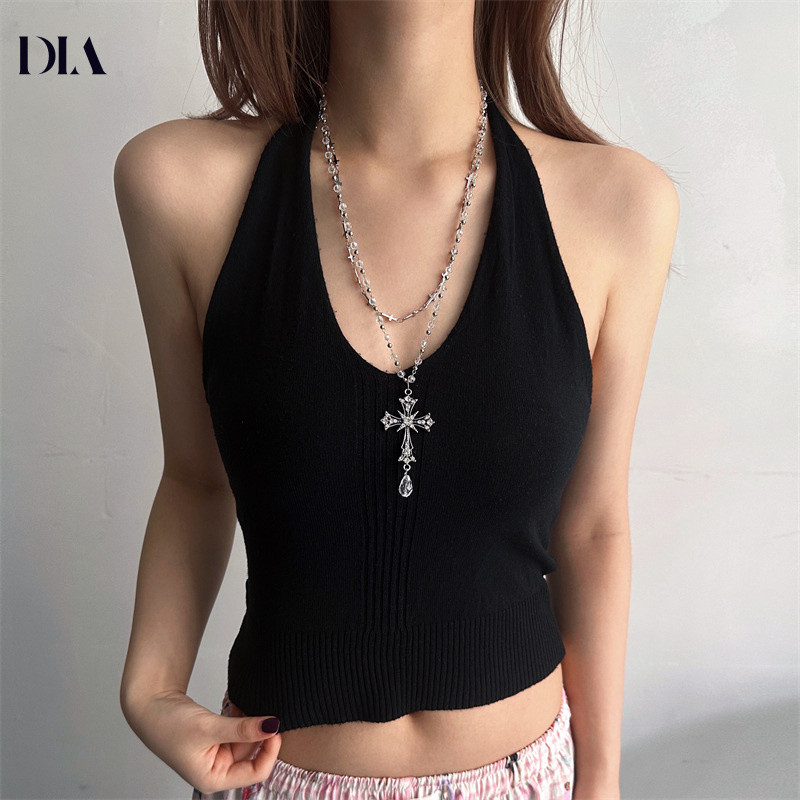 Sweet Cool Y2K สร้อยคอคริสตัลลูกปัดหลายชั้น สไตล์ Gothic สำหรับสาวๆ