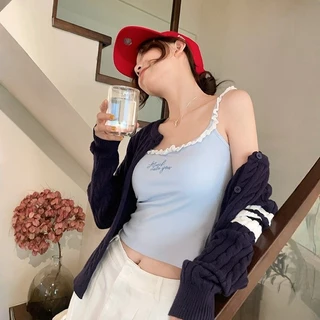 🎀Miss Kitty❤️เสื้อสายเดี่ยว เสื้อสายเดี่ยว มีฟองน้ำ แต่งลูกไม้ สีพาสเทล ดีเทลปักลายตัวอักษรน่ารัก "FY1072"