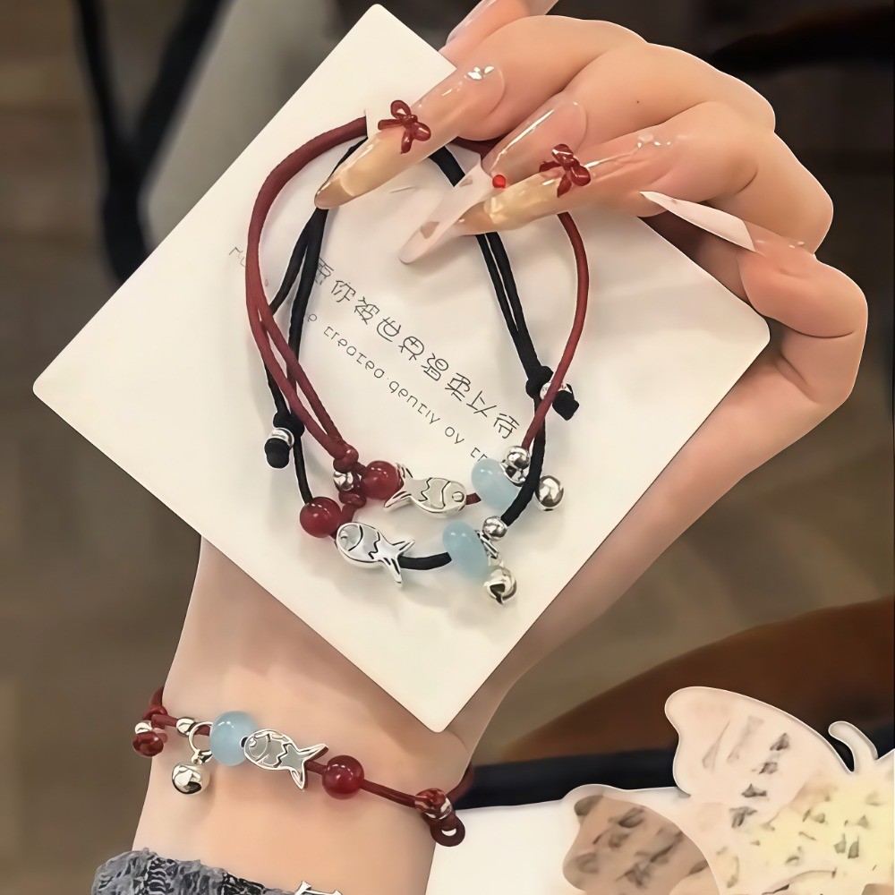 สร้อยข้อมือดีไซน์จีน ระฆองปลาคาร์พ หิน เชือกสีแดง แฟชั่นสำหรับมือ