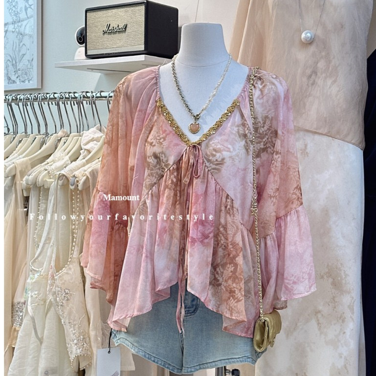 เสื้อผ้าสไตล์เกาหลีสำหรับผู้หญิง แบบคอกลม แขนยาว 3/4 สีชิฟونดอกไม้