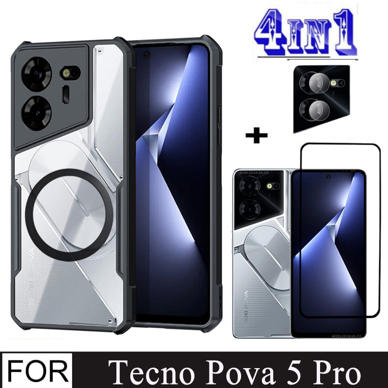Tecno Pova 5Pro เคสโทรศัพท์กันกระแทกสําหรับ Tecno Pova 5 6 6 Pro 4 in 1 พร้อมสติกเกอร์ชาร์จไร้สายแม่เหล็ก + กระจกนิรภัยฟิล์มคลุมทั้งหมด