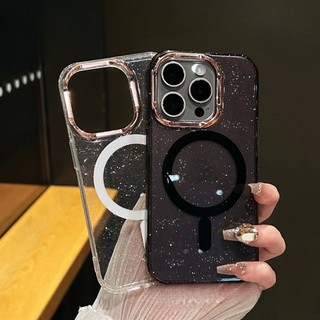 ใหม่glitterโปร่งใสpcชาร์จแม่เหล็กสําหรับiphone 16 11 12 13 14 15 Pro Max 16 PlusเงาTPU Soft Edgeปกป้องปลอกAnti Dropแฟลชกันกระแทกฮาร์ดปกหลัง
