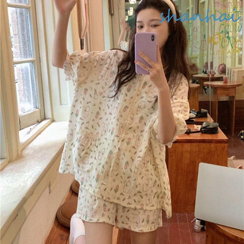 Shanhai สองชิ้นชุดนอน,ผ้าฝ้ายเทียมหวานดอกไม้ชุดนอนชุด,น่ารักแขนยาว Homewear ชุดนอนลําลองผู้หญิงสาว