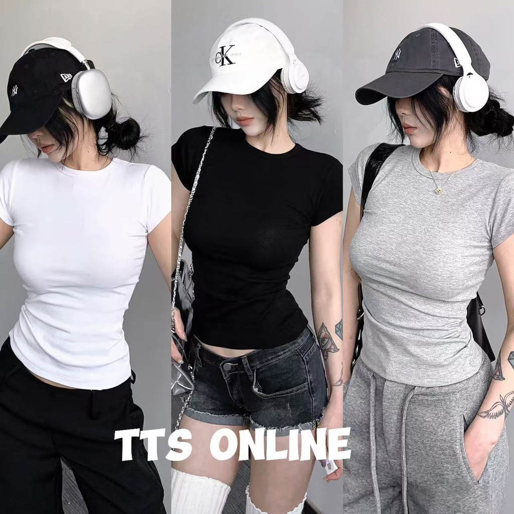 TTS 🍒พร้อมส่ง 🌺 เสื้อรัดรูป เสื้อน่ารักผู้หญิง แขนสั้นรัดรูปเซกซี่ สีพื้น 3สี ผ้ายืดรูปทรงสวย สไตล์เกาหลี