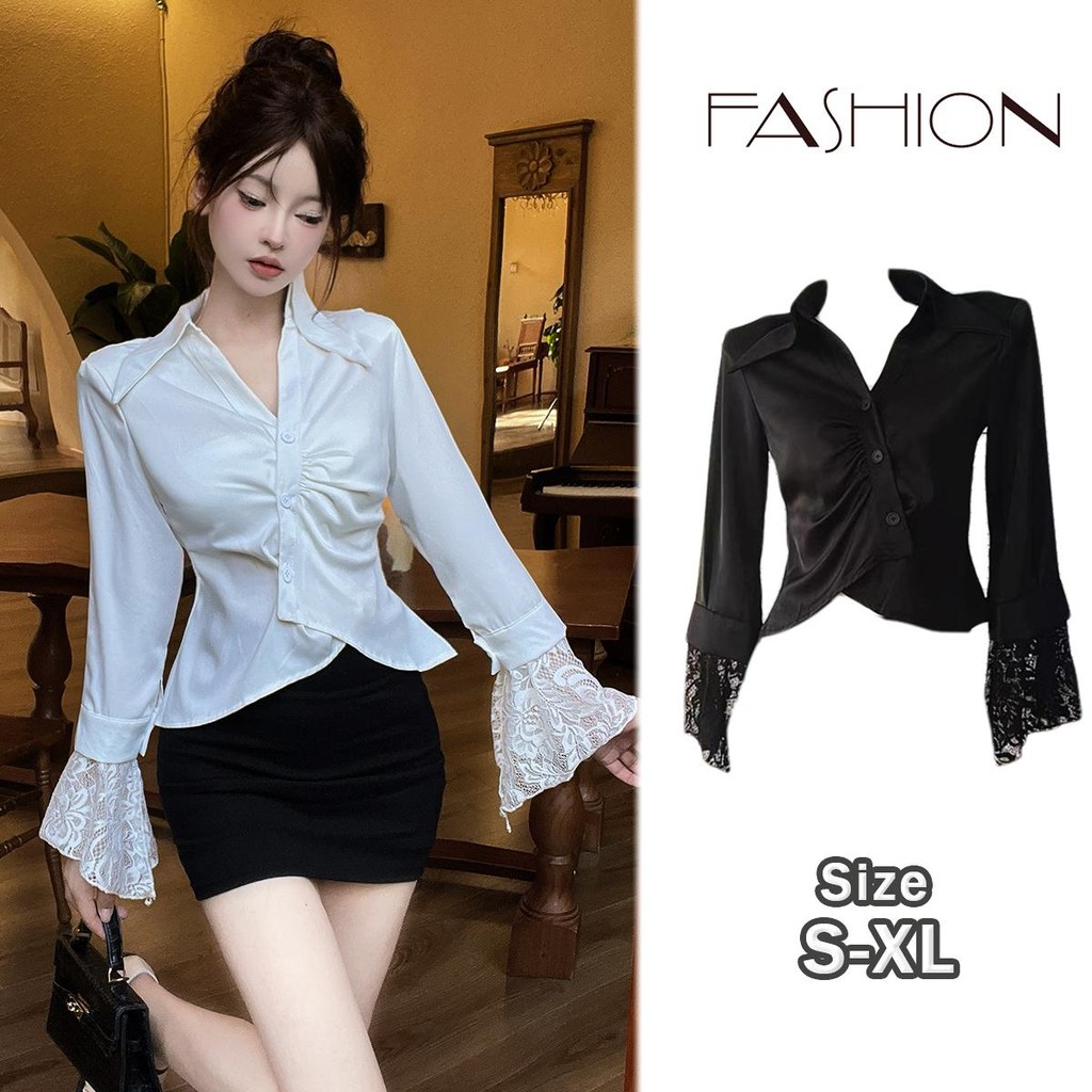 KOKO#คอวีสไตล์ฝรั่งเศสเสื้อแฟชั่นผู้หญิง กระชับเอว แขนแตรลูกไม้ เสื้อเชิ้ตลูกไม้สั้นผู้หญิง#w551