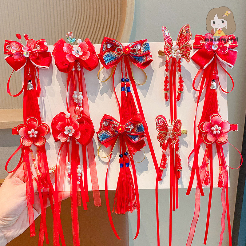 [LO] เครื่องประดับผมปีใหม่เด็กน่ารักโบว์โบว์การ์ตูน sel Hairpins สาวจีนจี้สีแดง Hairpin วันหยุด Headwear TH