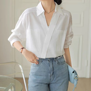 เสื้อเชิ้ตผู้หญิงสีขาว ดีไซน์หรู สไตล์มินิมอล