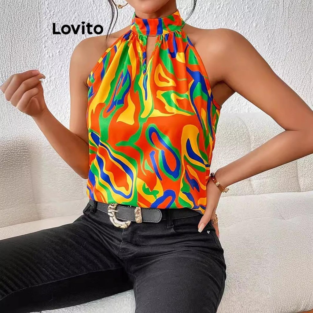 Lovito เสื้อแขนกุดผู้หญิง แต่งคัทเอาท์ ลายทาง สีรุ้ง สไตล์หรูหรา LNL71358