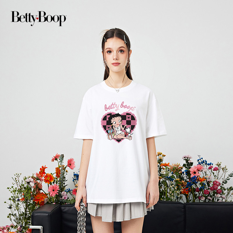 Betty BOOP BETTY Checkerboard เสื้อยืดแขนสั้นพิมพ์ลายการ์ตูนผ้าฝ้ายแท้ฤดูร้อน