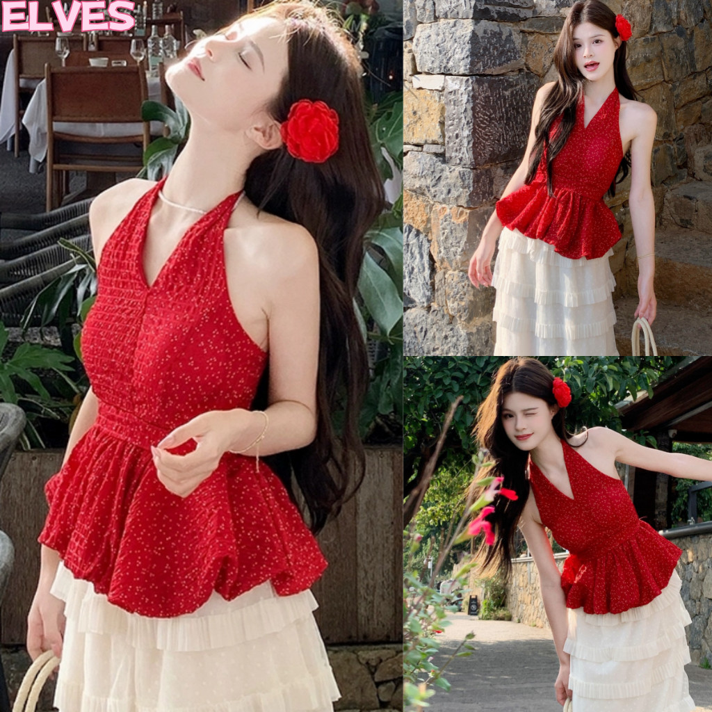 Elves พร้อม💟เสื้อคล้องคอ ลายดอกไม้ เว้าหลีง สีดำแดง เสื้อผ้าแฟชั่นผู้หญิง“8K186-1”