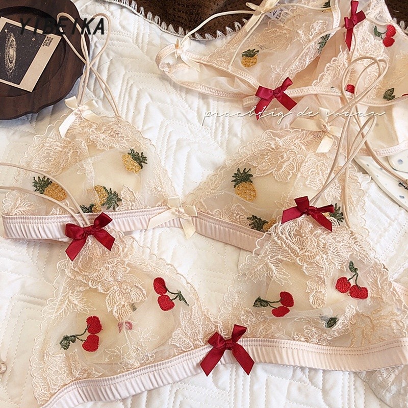 🍒ลายผลไม้💕ชุดบราชั้นในเซ็กซี่ ปักลายลูกไม้ ทรงสามเหลี่ยม ขนาดเล็ก สวมใส่สบาย สไตล์ฝรั่งเศส สําหรับสตรี