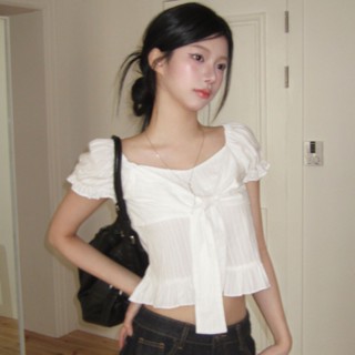 เสื้อลูกไม้แขนพัฟสำหรับผู้หญิง สไตล์เรียบง่าย ใหม่ฤดูร้อน 25…