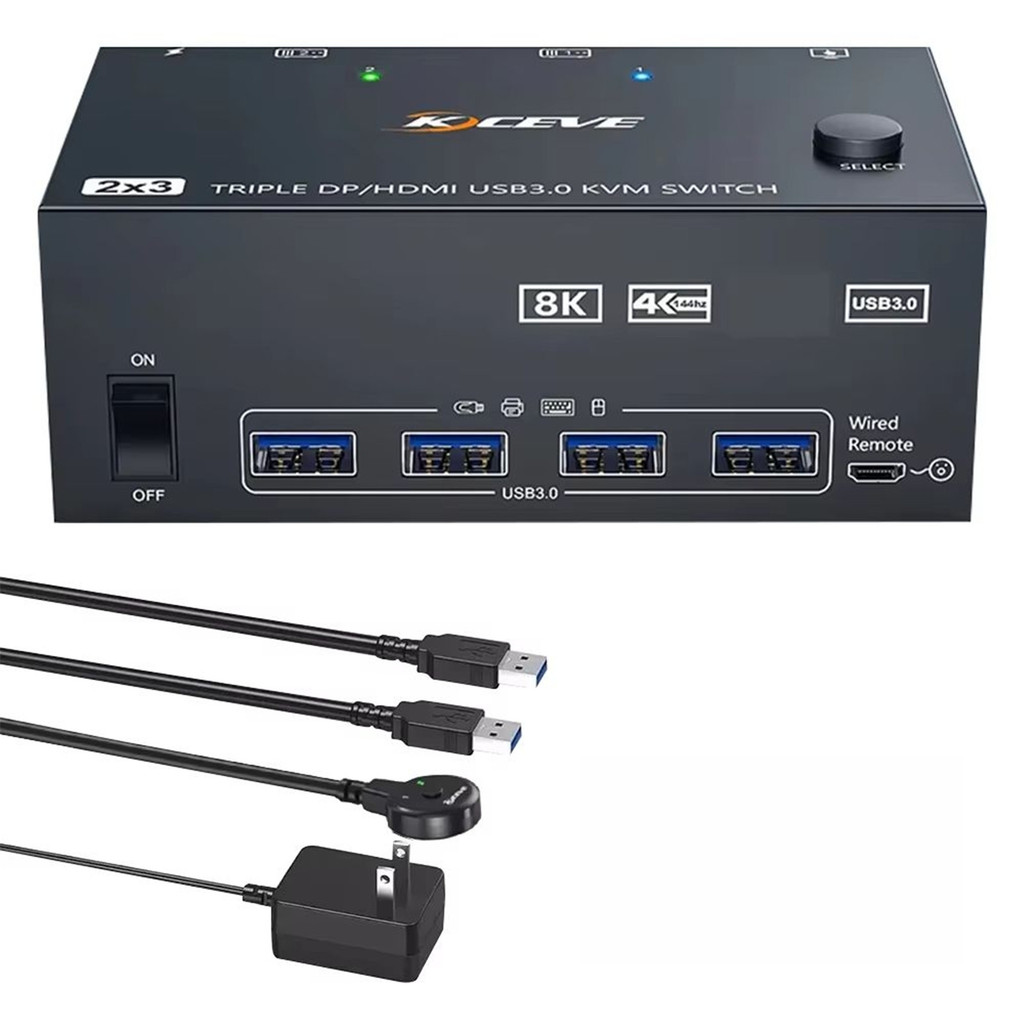 KCEVE KC-KVM203HHD KVM Switch รองรับคอมพิวเตอร์ 2 ตัว และจอภาพ 3 ตัว สวิตช์ KVM 3 จอภาพนี้คุณสมบัติพ
