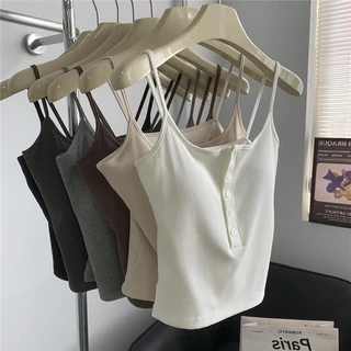 #475 เสื้อสายเดี่ยวเส้นเล็ก ฟองน้ำในตัวเย็บติดเนื้อผ้า ทรงสวยใส่สบายผ้านิ่มตกเเต่งกระดุมน่ารักเข้ารูป เซ็กซี่ สุดฮิต