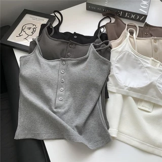 #475 เสื้อสายเดี่ยวเส้นเล็ก ฟองน้ำในตัวเย็บติดเนื้อผ้า ทรงสวยใส่สบายผ้านิ่มตกเเต่งกระดุมน่ารักเข้ารูป เซ็กซี่ สุดฮิต
