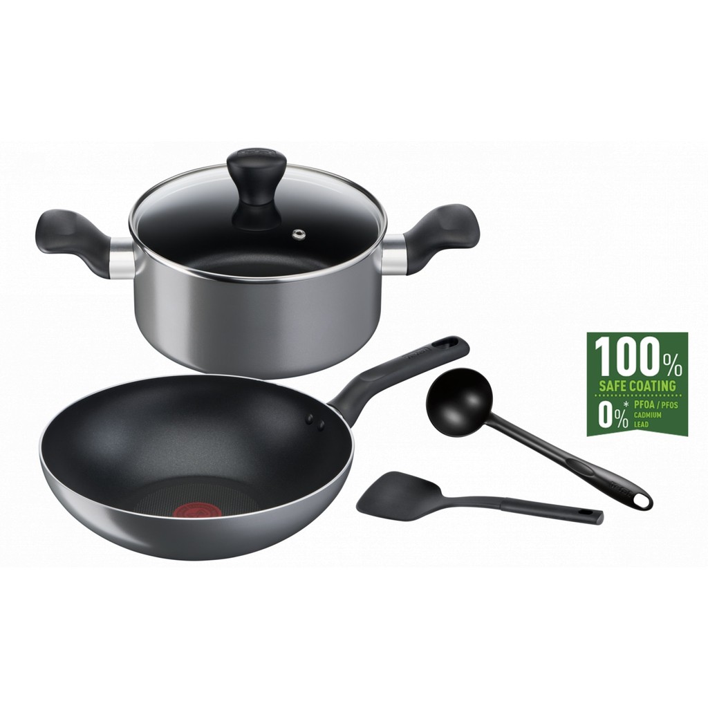 GlobalHouse TEFAL B505S595 Cooking Ally ชุดเซ็ตกระทะ 5 ชิ้น : WP28 + STW20/lid + Ladle + Spatula สิน