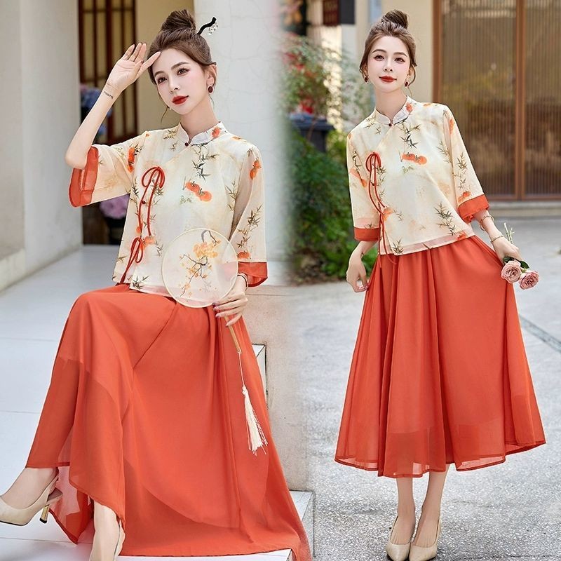 [มาพร้อมกับรูปภาพจริง]จีน Hanfu สองชิ้นปรับปรุง Cheongsam ผู้หญิงบวกขนาดตัวเลือก