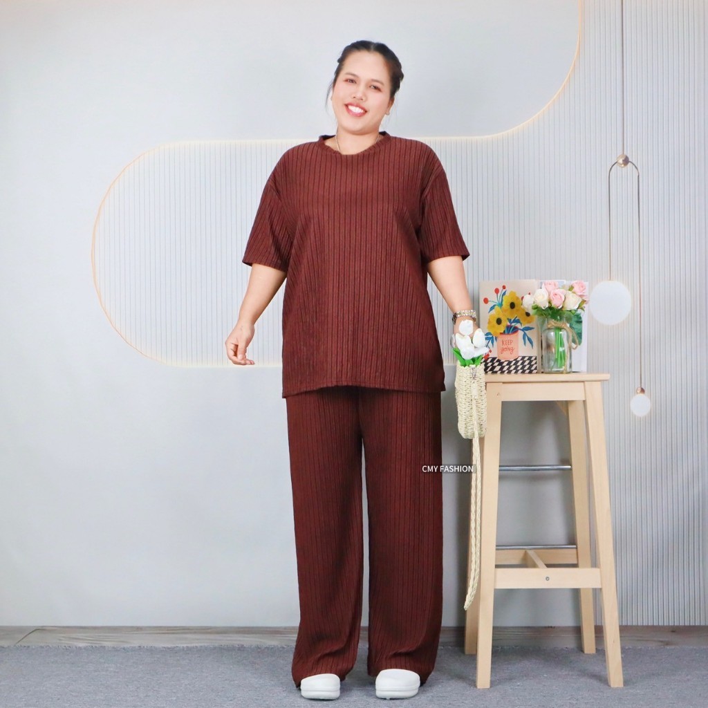 ชุดเซ็ท ไซส์ใหญ่ เสื้อคอกลม แขนสั้น อกได้ถึง 58นิ้ว กางเกงขายาว ทรงขากระบอกใหญ่ ผ้าย่นลายเปลือกไม้ เนื้อผ้านิ่ม cb602# - รูปที่ 7