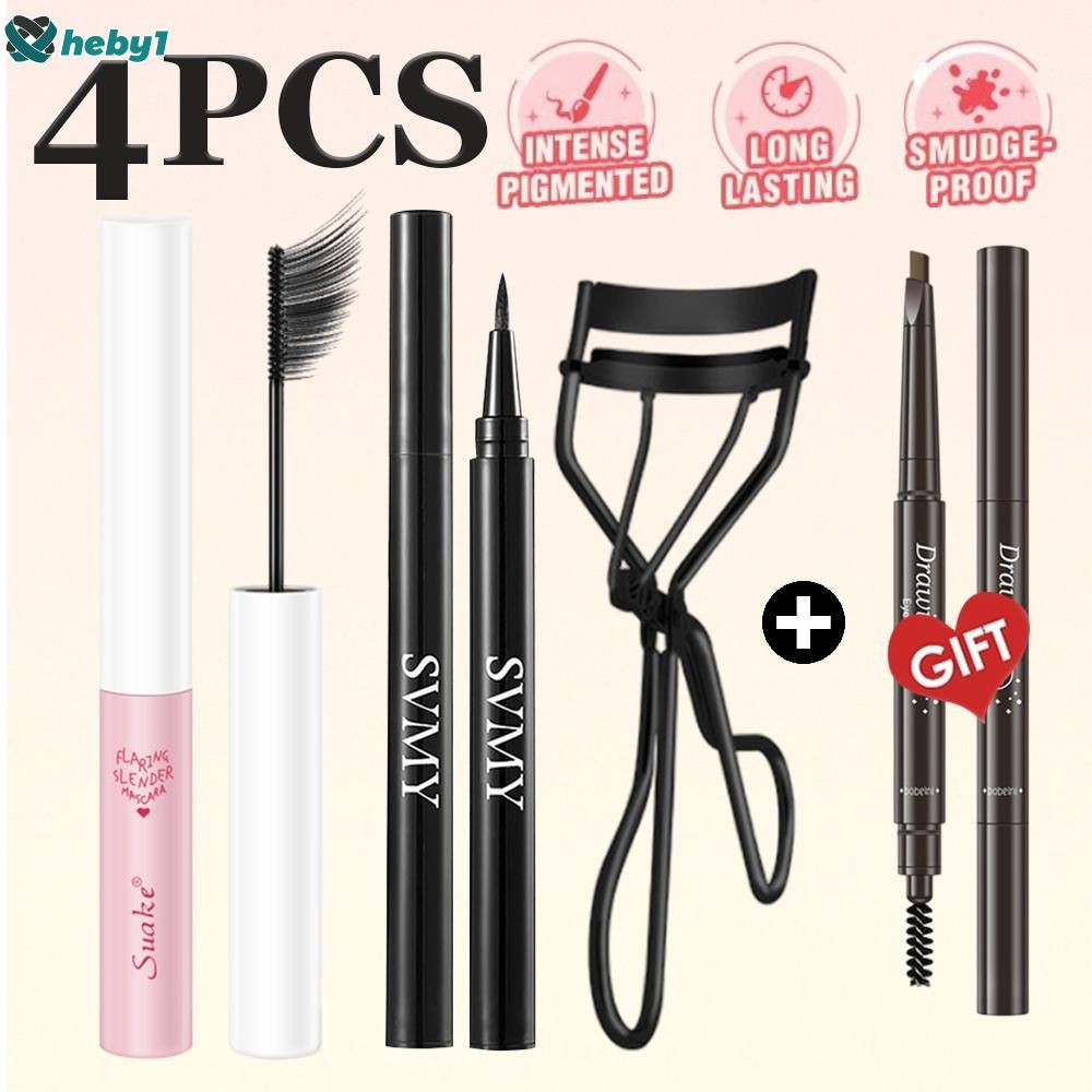 เครื่องสำอาง 4 ชิ้น ชุดแต่งตา อายไลเนอร์ มาสคาร่า ที่ดัดขนตา พร้อมดินสอเขียนคิ้ว ของขวัญ สำหรับใช้ในชีวิตประจำวัน กันน้ำ ไม่ติดขนตา heby1