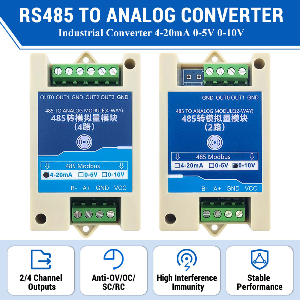 การแปลง RS485 ถึง 4-20mA 0-5V 0-10V เปลี่ยนโมดูล 2 4 ช่อง Modbus RTU RS485 ไปยังโมดูลแปลงอุตสาหกรรมแบบอะนาล็อก