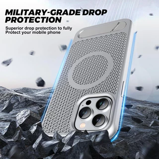YOOVEI เคส Magnetic Heat Dissipatio สําหรับ iPhone 17/16 Pro, เคส Cooling Drop Protection สําหรับ 15/14/13/12, ขาตั้งแบบปรับได้, Ice Armour Cool Matte วัสดุ - สีเงิน