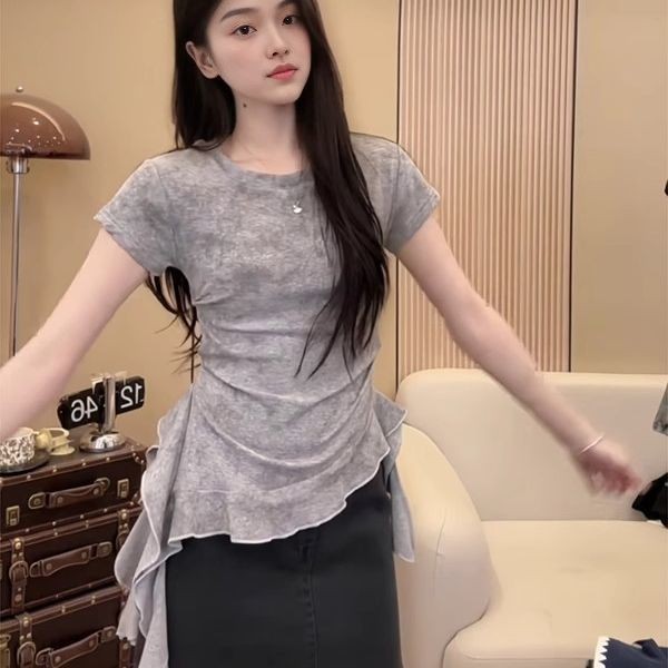 ขนาดใหญ่ไม่สม่ําเสมอ Ruffled Tie-Dye ไหล่อย่างเป็นทางการแขนสั้นเสื้อยืดผู้หญิงฤดูร้อนไขมันน้องสาว Slim-fit Slimmer ดูแคบ-เอว Top 7.1