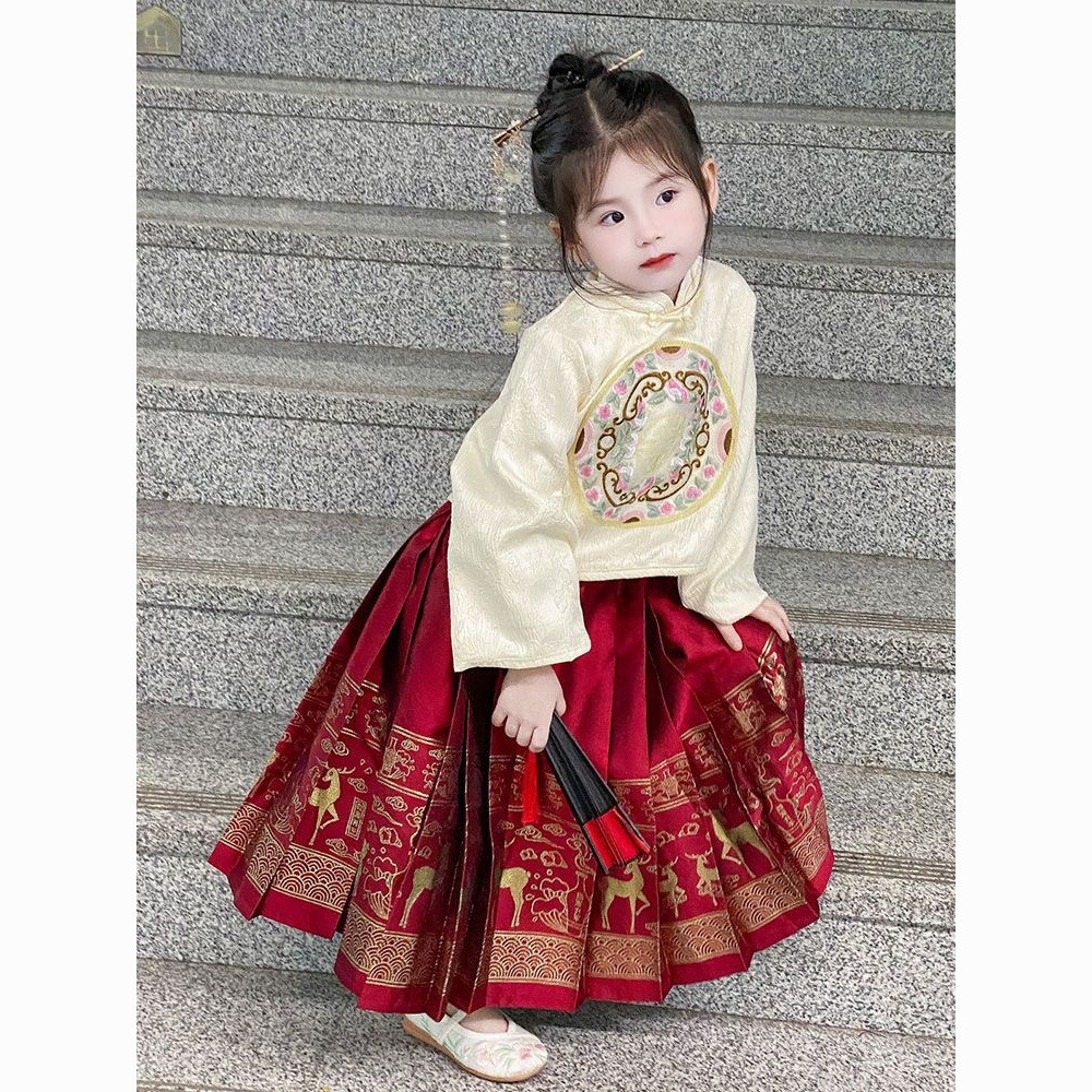 เด็กกระโปรงหน้าม้าชุดเด็กผู้หญิงสไตล์จีนฤดูใบไม้ร่วงฤดูหนาวเด็ก ฮันฟู กระโปรงสไตล์โบราณมังกรเสื้อผ้าปีใหม่ กลิ่นฉุน ชุ