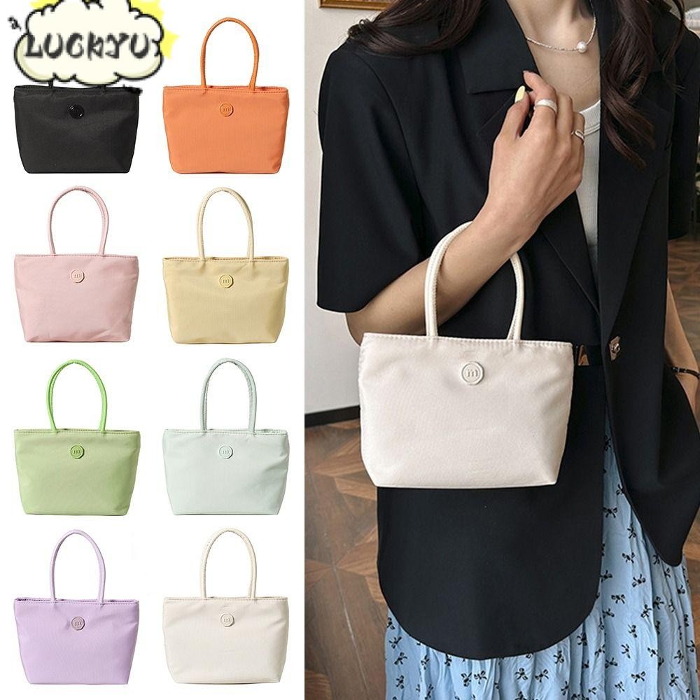 กระเป๋าถือ LUCKYU, กระเป๋าโท้ทความจุสูงหลากสี, ไนลอนเรียบง่ายสีทึบทุกวัน HandHold Bag หญิงสาว
