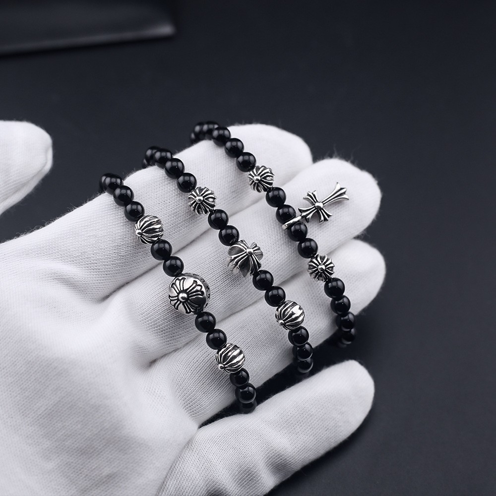 สร้อยข้อมือ CH♥/สร้อยข้อมือลูกปัดข้าม Obsidian สีเงิน 925 INS