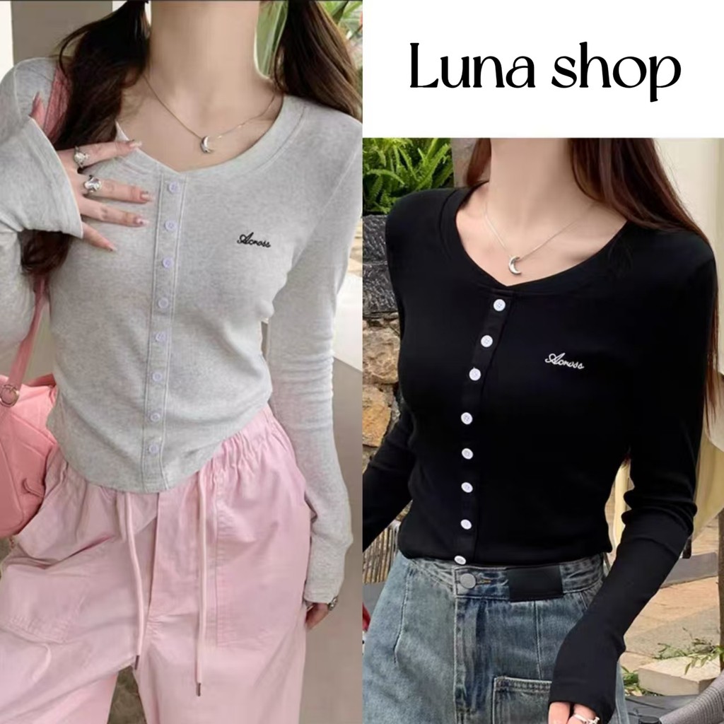 Luna Shop 🍒 พร้อมส่ง 💕การออกแบบปุ่มสไตล์เกาหลี เสื้อยืดผู้หญิงคอวีแขนยาว