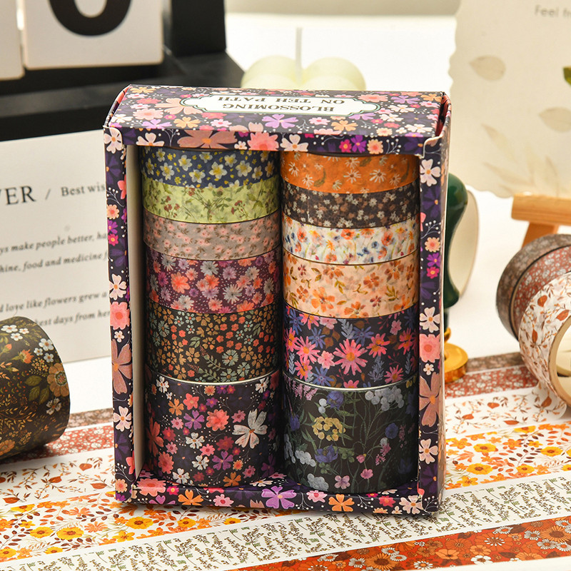 12 ม้วนชนิดบรรจุกล่อง Retro Bohemian สไตล์ Masking เทป Washi สําหรับสมุดภาพวารสารตกแต่ง DIY วัสดุหัตถกรรม