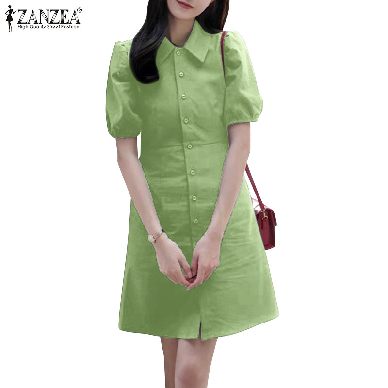 ZANZEA ซานเซีย ชุดเดรสเสื้อเชิ้ตกระดุมแถวเดียวแขนสั้นฟองแฟชั่นเกาหลีสําหรับผู้หญิง
