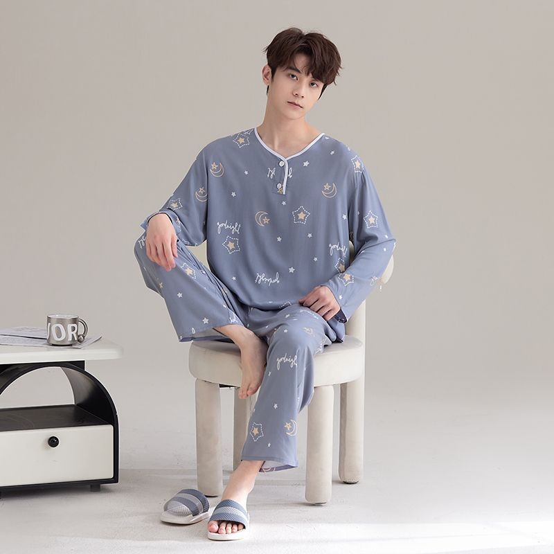 Leisure wear2024 ชุดนอนผ้าไหมผ้าฝ้ายผู้ชายฤดูใบไม้ผลิฤดูใบไม้ร่วงกางเกงขายาวแขนยาวบางเฉียบนักเรียนมั