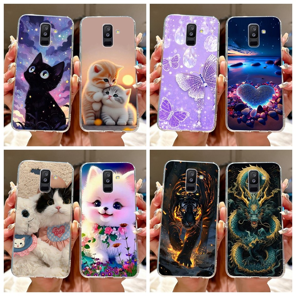 นุ่มสําหรับ Samsung Galaxy A6 Plus A6 + 2018 ปลอกน่ารักหัวใจการ์ตูนแมวเสือฝาครอบโทรศัพท์สําหรับ Samsung A6Plus A605F กันชน