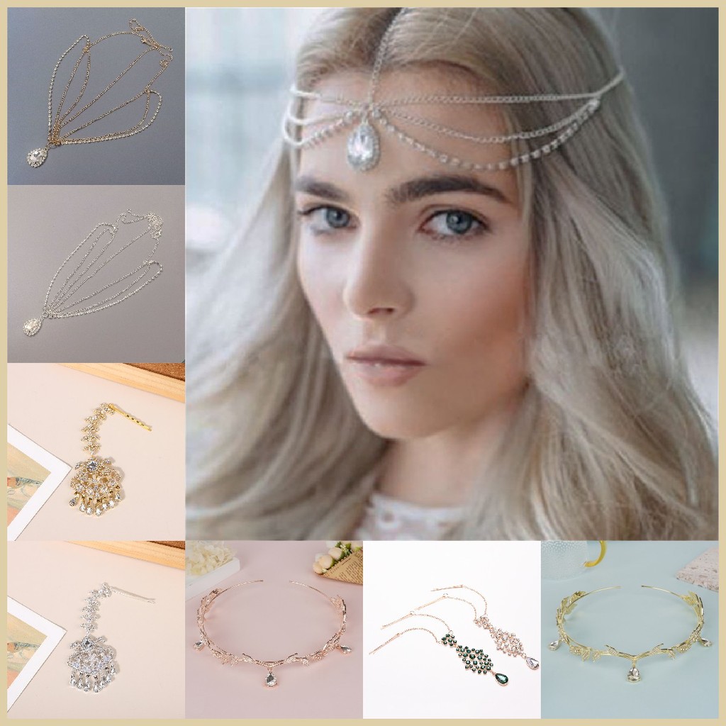 Bigrunng คริสตัลหน ้ าผากสร ้ อยคอผู ้ หญิงคริสตัลพู ่ ผม Chain Tiara Water Drop ผม SG