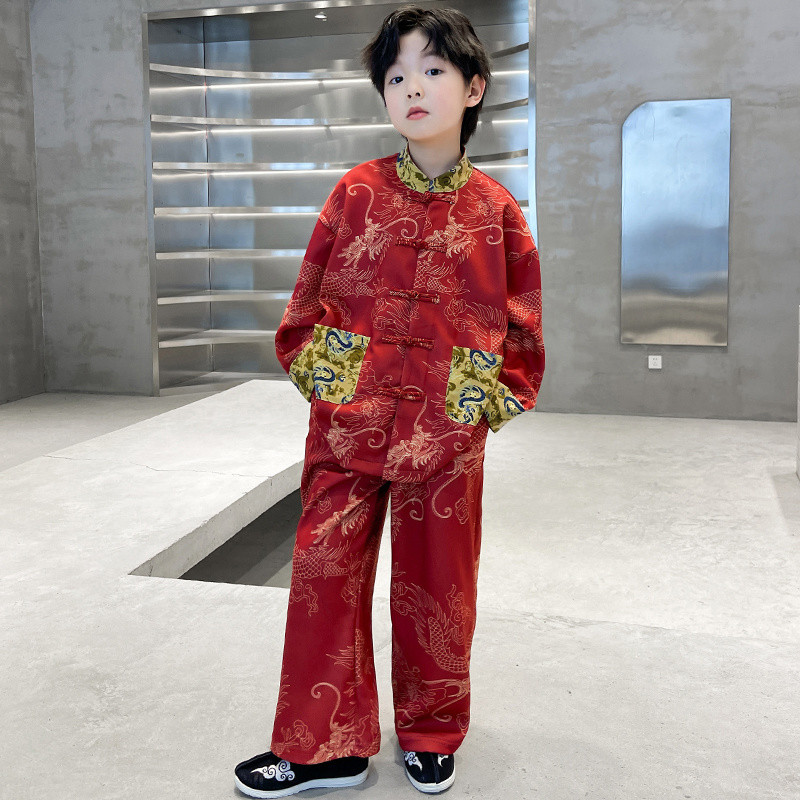 【พร้อมส่งในจีน】ชุดตรุษจีน สีแดง แขนยาว เสื้อ+กางเกง สุดหล่อ ฮั่นฝู สไตล์จีนโบราณสำหรับเด็กชายเด็กโต