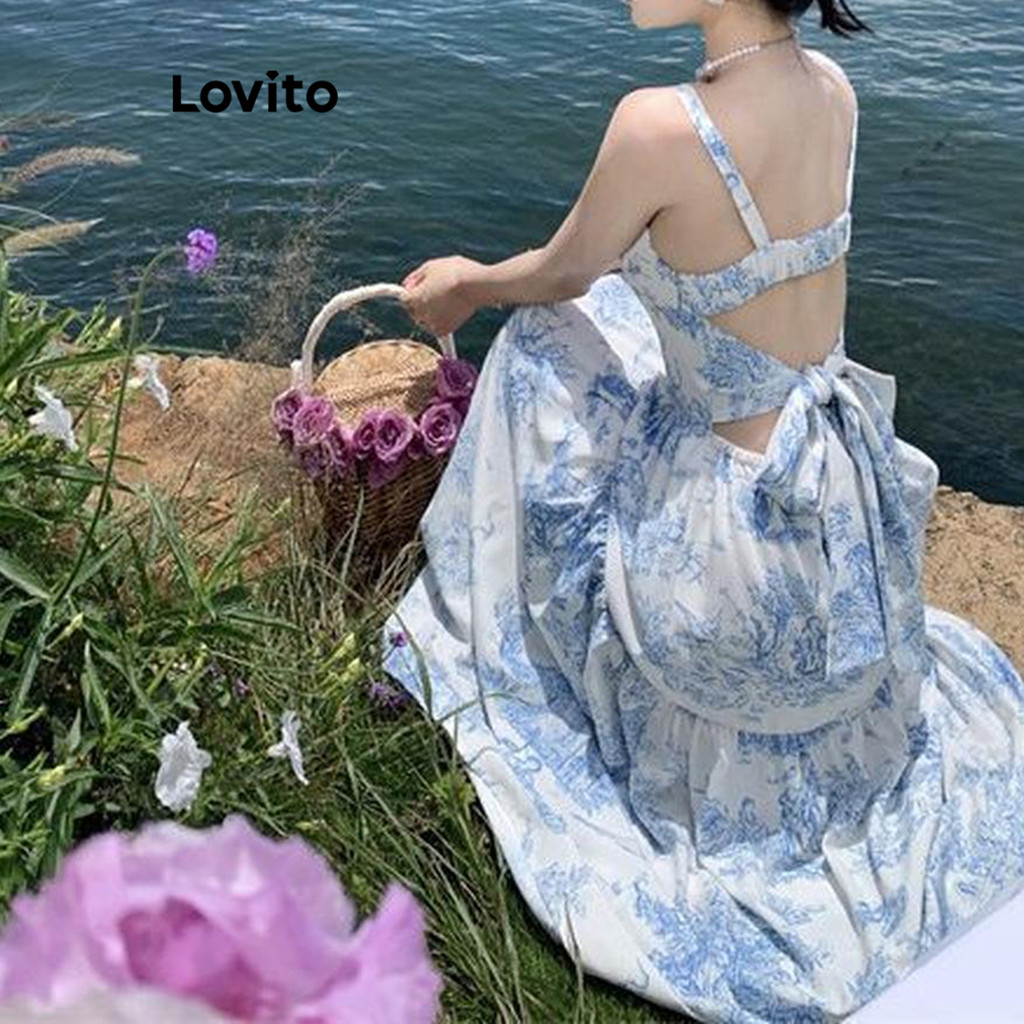 Lovito เดรสผู้หญิง ลายดอกไม้ แต่งโบว์ด้านหลัง ผูกเชือก สไตล์หรูหรา LNE67273
