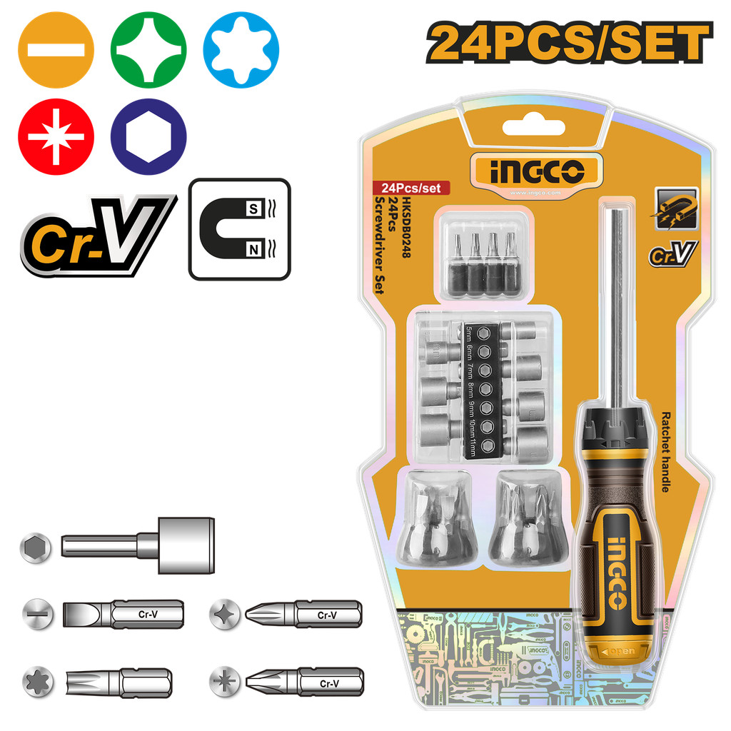 INGCO ชุดไขควงเปลี่ยนหัว พร้อมดอกไขควง 24 ตัวชุด รุ่น HKSDB0248 ( Screwdriver Set ) – ไขควงอเนกประสงค์ ชุดไขควง ไขควงชุด