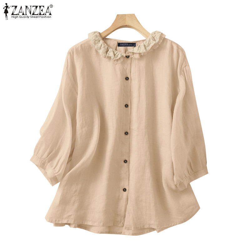 Zanzea ผู้หญิงเกาหลีลําลองแขนสามในสี่คอลูกเรือปุ่มเย็บปะติดปะต่อกันเสื้อข้อมือ