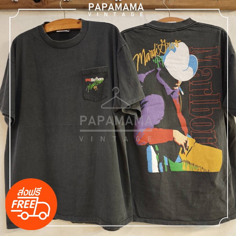 [ Marlboro ] Mardi Gras Vintage 1994 pocket bio washed เสื้อวินเทจ คลาสสิค papamama vintage shirt